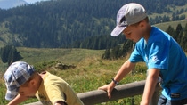 Two little boys holding ledge looking down surrounded by trees and mountains  Two little boys holding ledge looking down surrounded by trees and mountains