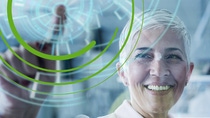 Female BASF engineer touching digitalized screen  Female BASF engineer touching digitalized screen