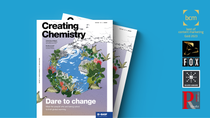 Cover of the Creating Chemistry magazine lies on a colored background