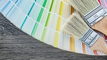 Color sampler paint brushes on wood board Color sampler paint brushes on wood board