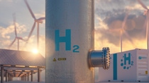 Hydrogen energy storage gas tank with solar panels, wind turbine and energy storage container unit in background at sunset Hydrogen energy storage gas tank with solar panels, wind turbine and energy storage container unit in background at sunset