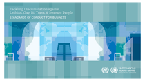 Graphic with silhouettes of two faces facing each other against a world map background and cityscape, alongside text about “Standards of Conduct for Business” to tackle discrimination against lesbian, gay, bisexual, trans, and intersex people.