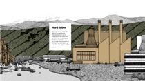 Infographic on hard labor in factories and how the heat can make it more dangerous. There is a depiction of a factory in front of a mountain behind the overlay text. 