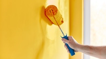 Male hand painting wall with paint roller. Painting apartment, renovating with sunflower color paint