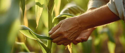Agriculteur contrôlant un plant de maïs