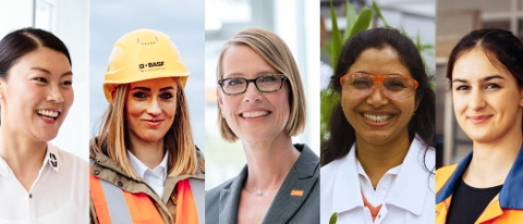 A collage of five women working across different roles and locations at BASF, including office, laboratory, and production environments. A collage of five women working across different roles and locations at BASF, including office, laboratory, and production environments.