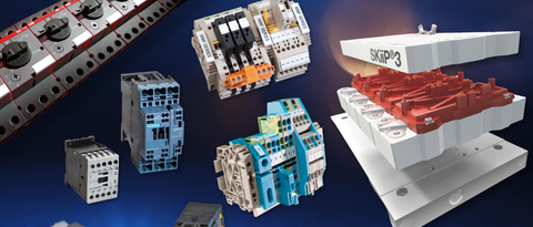 Electronics and electric components made with Ultramid in front of a blue backdrop