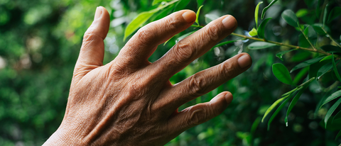 Main d'un homme touchant des feuilles Main d'un homme touchant des feuilles