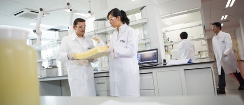 Daniel Freidank (left) and Wei Leng (right), lab managers, check the quality of viscoelastic polyurethane foam. The density of a foam product depends on the type and amount of blowing agent, and the flexibility or rigidity on the structure of polyols and isocyanates involved.
Print free of charge. Copyright by BASF Daniel Freidank (left) and Wei Leng (right), lab managers, check the quality of viscoelastic polyurethane foam. The density of a foam product depends on the type and amount of blowing agent, and the flexibility or rigidity on the structure of polyols and isocyanates involved.
Print free of charge. Copyright by BASF