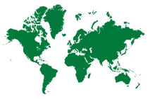 Green world map showing continents in a simplified silhouette,