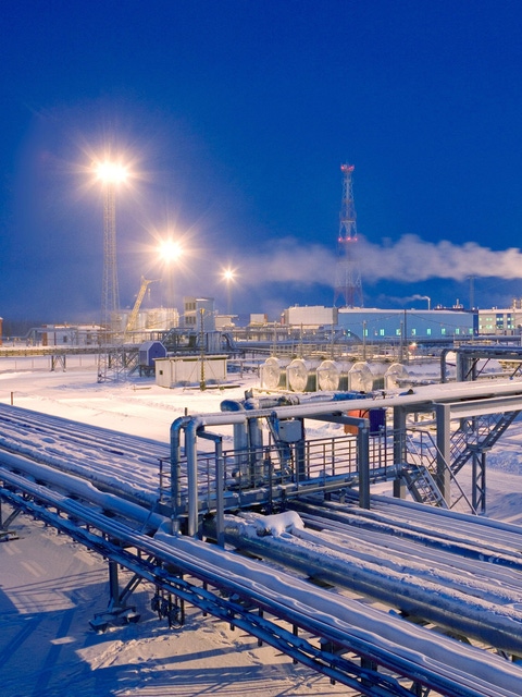 Gas pipelines in snow-covered Achimgaz in the Urengoy field of western Siberia. 