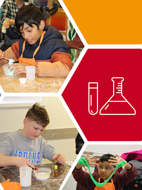 Images of kids exploring science through hands-on experiments in labs.