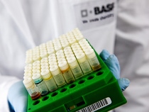 Labormitarbeiterin Silke Rust überwacht das Erstellen von Wirkstofflösungen in kleinen Röhrchen. In diesem Labor werden die Wirkstoffe auf Mikrotiterplatten konfektioniert und für verschiedene Screening-Systeme bereitgestellt. Das Ziel von BASF ist es durch ein automatisiertes Verfahren vom Wirkstoff zum innovativen Pflanzenschutzmittel zu gelangen.