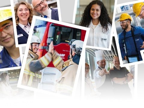 A mix of portraits and work scenes of BASF employees at the Ludwigshafen site. The images depict various professions in laboratories, offices, and production facilities. A mix of portraits and work scenes of BASF employees at the Ludwigshafen site. The images depict various professions in laboratories, offices, and production facilities.