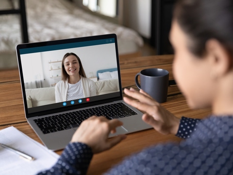 Back view of woman sit at desk at home office speak talk on video call with colleague coworker. Female employees have webcam digital virtual conference on computer, engaged in online meeting briefing.