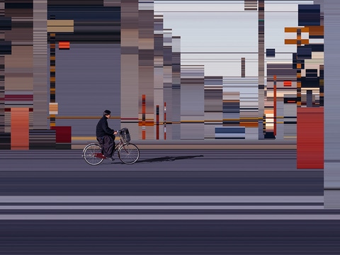 Person riding a bicycle through the city, background distorted