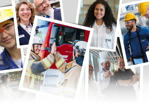 A mix of portraits and work scenes of BASF employees at the Ludwigshafen site. The images depict various professions in laboratories, offices, and production facilities. A mix of portraits and work scenes of BASF employees at the Ludwigshafen site. The images depict various professions in laboratories, offices, and production facilities.