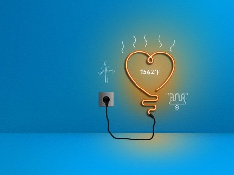 The picture shows an orange neon light in the form of a heart plugged into a blue wall. There are white sketches around it of a wind turbine, an electric heating element and the number “1562°F”.  