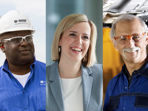 A group of BASF employees from different cultures, generations, and professional backgrounds is shown in a collage.
