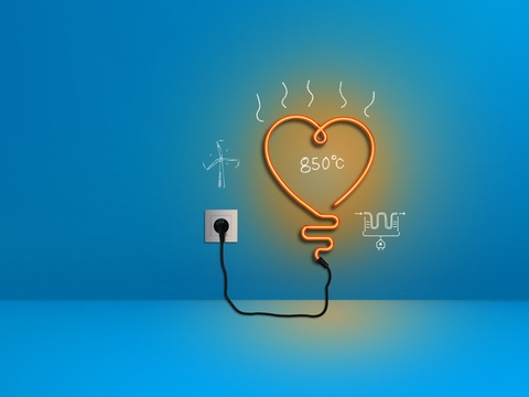 The picture shows an orange neon light in the form of a heart plugged into a blue wall. There are white sketches around it of a wind turbine, an electric heating element and the number “850°C”. The picture shows an orange neon light in the form of a heart plugged into a blue wall. There are white sketches around it of a wind turbine, an electric heating element and the number “850°C”.