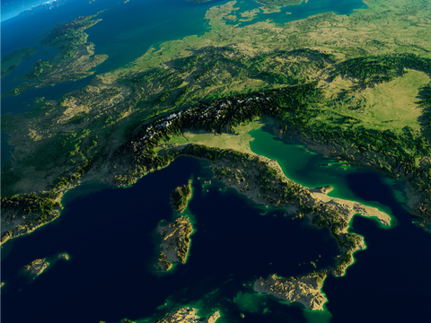 Highly detailed planet Earth in the morning. Exaggerated precise relief lit morning sun. Europe - Italy, Greece and the Mediterranean Sea. 3D rendering. Elements of this image furnished by NASA