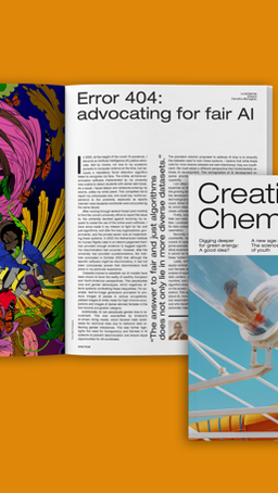 Image shows the Creating Chemistry magazine with a look inside the issue.