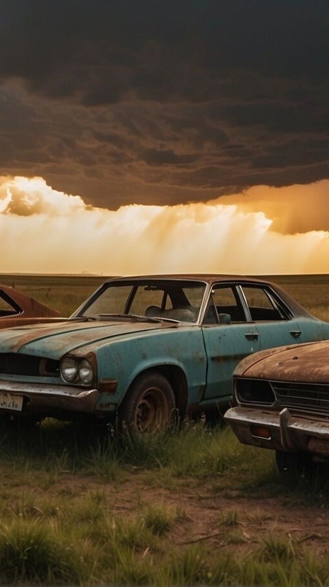 Drei verrostete Autos auf einem grünen Feld mit Gewitterwolken im Hintergrund. AGA. Stable Diffusion 1.0