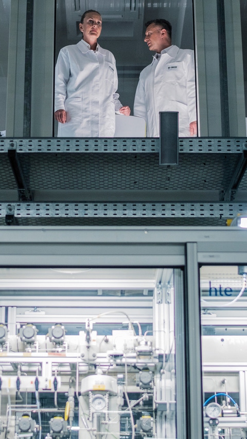 The pilot plant facility houses highly automated experimental facilities for efficient process development and testing of new process catalysts, e.g. for gas-phase hydrogenation or catalyst testing. Operations manager assistant Dirk Boehm (right) talking to chemical laboratory assistants Patrick Graneß (left) and Melanie Zier (center).  The pilot plant facility houses highly automated experimental facilities for efficient process development and testing of new process catalysts, e.g. for gas-phase hydrogenation or catalyst testing. Operations manager assistant Dirk Boehm (right) talking to chemical laboratory assistants Patrick Graneß (left) and Melanie Zier (center).