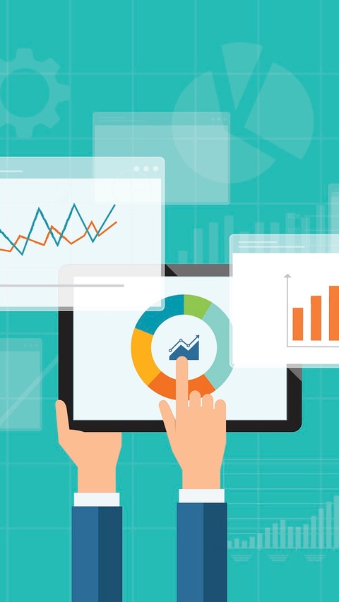 flat business analytics graph on mobile device and finance investment planning background