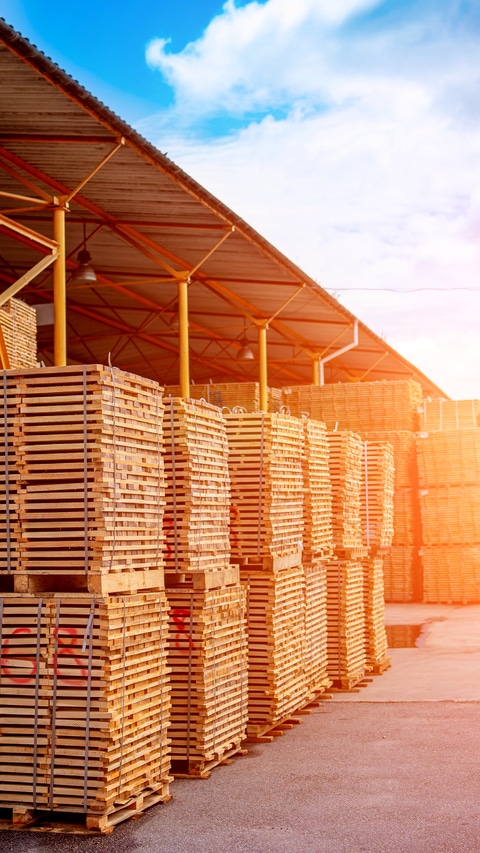 Warehouse interior, pallets with goods. Open-air. Transportation and logistic. Factory stock.