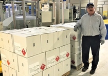 BASF employee in Wyandotte, MI prepares shipment of hand sanitizer for donation to the state of Ohio.  BASF employee in Wyandotte, MI prepares shipment of hand sanitizer for donation to the state of Ohio.