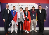 From left to right: Chris Titmarsh, Senior Vice President Automotive Refinish Coatings, BASF, congrats the winners Ronan Le Tutour from France, Yuto Hushino from Japan, Lara Kaufmann from Switzerland, Jason Scherer from Germany together with Joern Stoever, Global Key Account Manager SATA

Photo: WorldSkills
