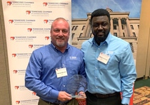 Employees of BASF’s Sparta site, Michael Maynard (left) and Michael Akehinmi (right), accept the Workplace Safety Improvement award from the Tennessee Chamber of Commerce and Industry. Employees of BASF’s Sparta site, Michael Maynard (left) and Michael Akehinmi (right), accept the Workplace Safety Improvement award from the Tennessee Chamber of Commerce and Industry.