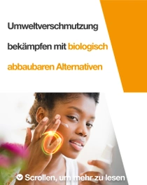 Eine Frau trägt ein biologisch abbaubares Produkt auf ihr Gesicht auf. Ein Lichtwirbel schwebt über ihrer Hand. Der Text lautet: „Umweltverschmutzung bekämpfen mit biologisch abbaubaren Alternativen.“