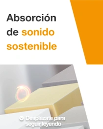 Un grupo de bloques de espuma de varios colores claros para su uso en soluciones de insonorización sostenibles. Una espiral de luz revolotea sobre los bloques. En el texto pone: “Absorción acústica sostenible”.&nbsp;