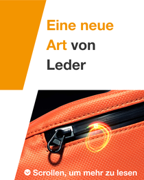 Nahaufnahme eines orangefarbenen Reißverschlusses an einer Tasche mit einem Lichtwirbel. Der Text lautet: „Eine neue Art von Leder." Nahaufnahme eines orangefarbenen Reißverschlusses an einer Tasche mit einem Lichtwirbel. Der Text lautet: „Eine neue Art von Leder."