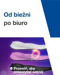 Trzy wkładki do butów ułożone obok siebie, z efektem delikatnego, świetlnego wiru.Tekst brzmi: „Z bieżni do biura”. 