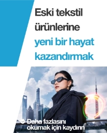 Şanghay şehir manzarasına karşı siyah, günlük bir ceket giyen bir kadın. Metinde "Eski tekstil ürünlerine yeni bir hayatkazandırmak" yazıyor Şanghay şehir manzarasına karşı siyah, günlük bir ceket giyen bir kadın. Metinde "Eski tekstil ürünlerine yeni bir hayatkazandırmak" yazıyor