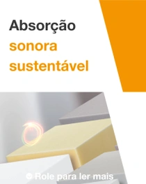 Um grupo de blocos de espuma em várias cores pálidas para uso em soluções à prova de som sustentáveis. Um redemoinho de luz paira acima dos blocos. O texto diz: “Absorção sonora sustentável.”