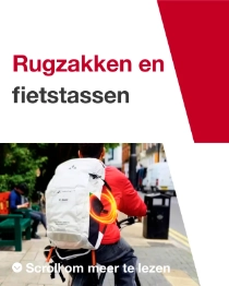 A person seen from behind on a bicycle wears a white backpack with VAUDE and BASF logo and an orange light ring. The text reads: "Transformed Backpacks."