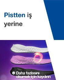 Yan yana dizilmiş üç ayakkabı iç tabanı. Metinde “Yarış pistten iş yerine.” yazıyor. Yan yana dizilmiş üç ayakkabı iç tabanı. Metinde “Yarış pistten iş yerine.” yazıyor.
