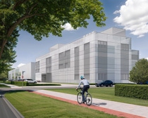 Skizzenhafte 3D-Visualisierung des neuen Ausbildungslaborgebäudes der BASF an der Brunckstraße in Ludwigshafen, angrenzend an das Bürogebäude der BASF Wohnen + Bauen GmbH. Details zur Fassadengestaltung werden noch ausgearbeitet.