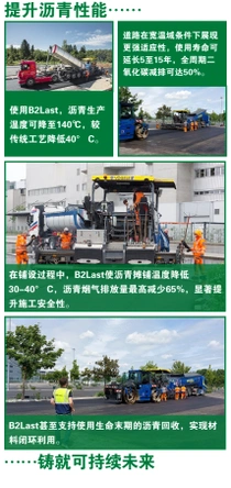 一组道路施工的场景,说明了巴斯夫B2Last技术的优势。文字说明强调了较低的生产温度、延长道路使用寿命、减少排放和可回收性。  一组道路施工的场景,说明了巴斯夫B2Last技术的优势。文字说明强调了较低的生产温度、延长道路使用寿命、减少排放和可回收性。