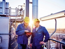 Master of Maintenance Christian Kieweg (l.) and Plant Operator Kevin Noack during inspection at a PBT plant on the production site of BASF Schwarzheide, Germany. A state-of-the art plant for the production of cathode materials is to be built at this site in 2022. Master of Maintenance Christian Kieweg (l.) and Plant Operator Kevin Noack during inspection at a PBT plant on the production site of BASF Schwarzheide, Germany. A state-of-the art plant for the production of cathode materials is to be built at this site in 2022.