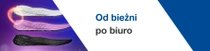 Trzy wkładki do butów ułożone obok siebie, z efektem delikatnego, świetlnego wiru.Tekst brzmi: „Z bieżni do biura”. 