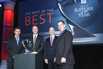 On March 10, a GM Supplier of the Year award was presented to BASF. Accepting the award were Wayne T. Smith, BASF North America Chairman and CEO (second from left) and Sean McKeon, BASF Vice President, Global Accounts, Automotive Coatings (second from right). Also pictured are Randy Pappal, GM Executive Director Body Group and GM Mexico Global Purchasing Vehicle Engineering Center (far left) and Greg Warden, GM Executive Director, Body Engineering (far right).