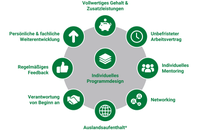 Die Grafik zeigt die Vorteile eines BASF-Traineeprogramms: individuelles Programmdesign, vollwertiges Gehalt und Zusatzleistungen, unbefristeter Arbeitsvertrag, individuelles Mentoring, Networking, Auslandaufenthalt, Verantwortung von Beginn an, regelmäßiges Feedback sowie persönliche und fachliche Weiterentwicklung.