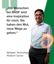 Ein männlicher BASF-Mitarbeitender in Deutschland trägt ein hellblaues Hemd und eine dunkle Hose und steht vor einem grünen Hintergrund. Ein Lichtwirbel umgibt seinen Arm. Der Text lautet:  „Die Menschen bei BASF sind eine Inspiration für mich. Sie haben den Mut, neue Wege zu gehen.“  Ein männlicher BASF-Mitarbeitender in Deutschland trägt ein hellblaues Hemd und eine dunkle Hose und steht vor einem grünen Hintergrund. Ein Lichtwirbel umgibt seinen Arm. Der Text lautet:  „Die Menschen bei BASF sind eine Inspiration für mich. Sie haben den Mut, neue Wege zu gehen.“