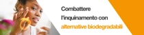 Una donna applica un prodotto biodegradabile sul suo viso. Un vortice luminoso staziona sulla sua mano. Il testo recita: “Combattiamo l’inquinamento con alternative biodegradabili”. Una donna applica un prodotto biodegradabile sul suo viso. Un vortice luminoso staziona sulla sua mano. Il testo recita: “Combattiamo l’inquinamento con alternative biodegradabili”.