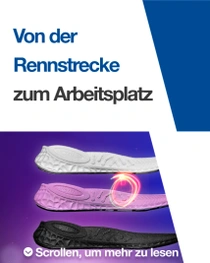 Drei Schuhsohlen liegen nebeneinander, begleitet von einem sanften Lichtwirbel-Effekt. Der Text lautet: „Von der Rennstrecke zum Arbeitsplatz.“